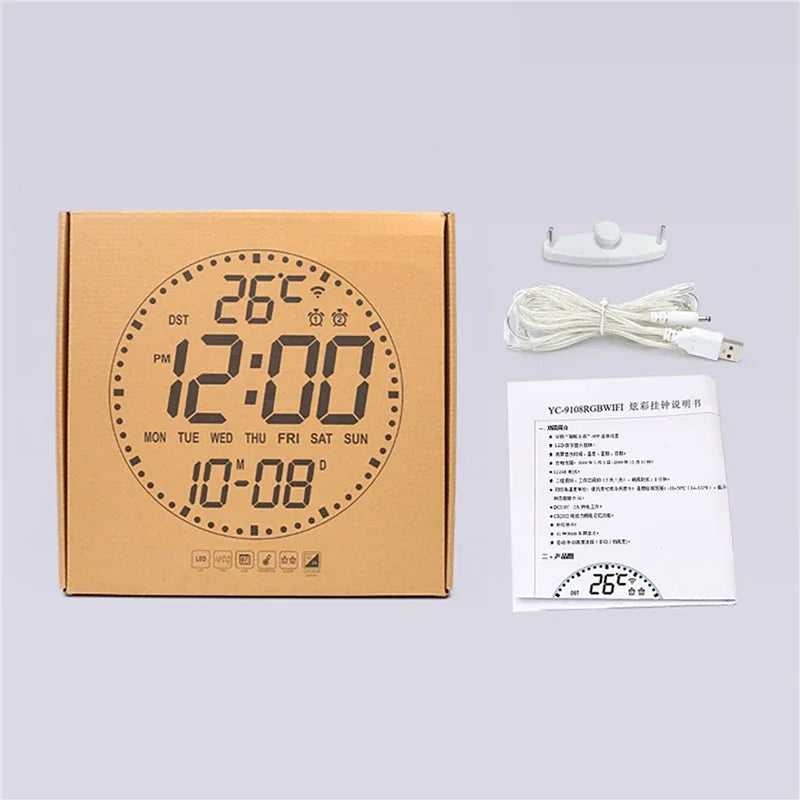 "RGB LED Digital Wall Clock – WiFi App Control, Temperature & Date Display, Smart Alarm Clock"