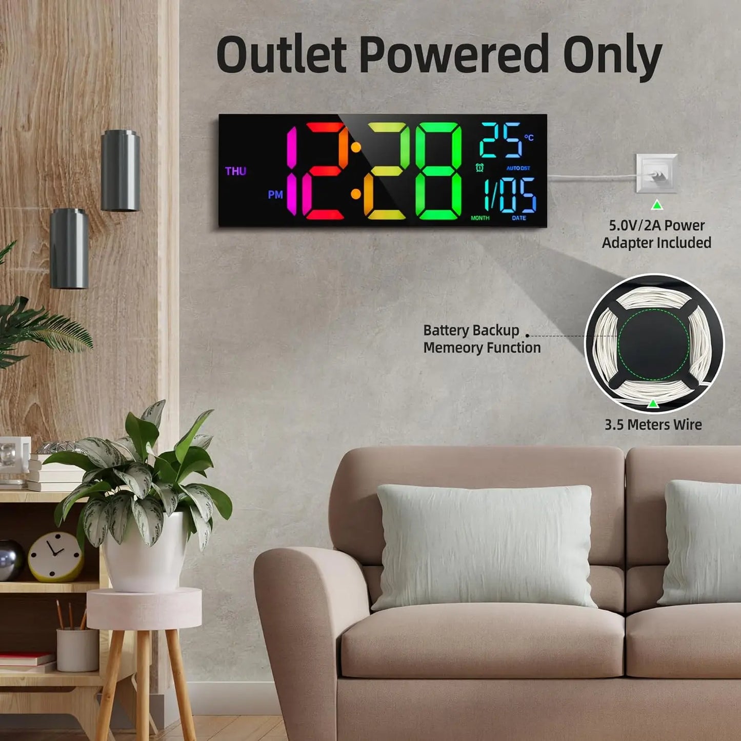 8 Colors Digital Wall Clock | Large LED Display | Temperature | Date | Auto DST | Night Light | Adjustable Brightness