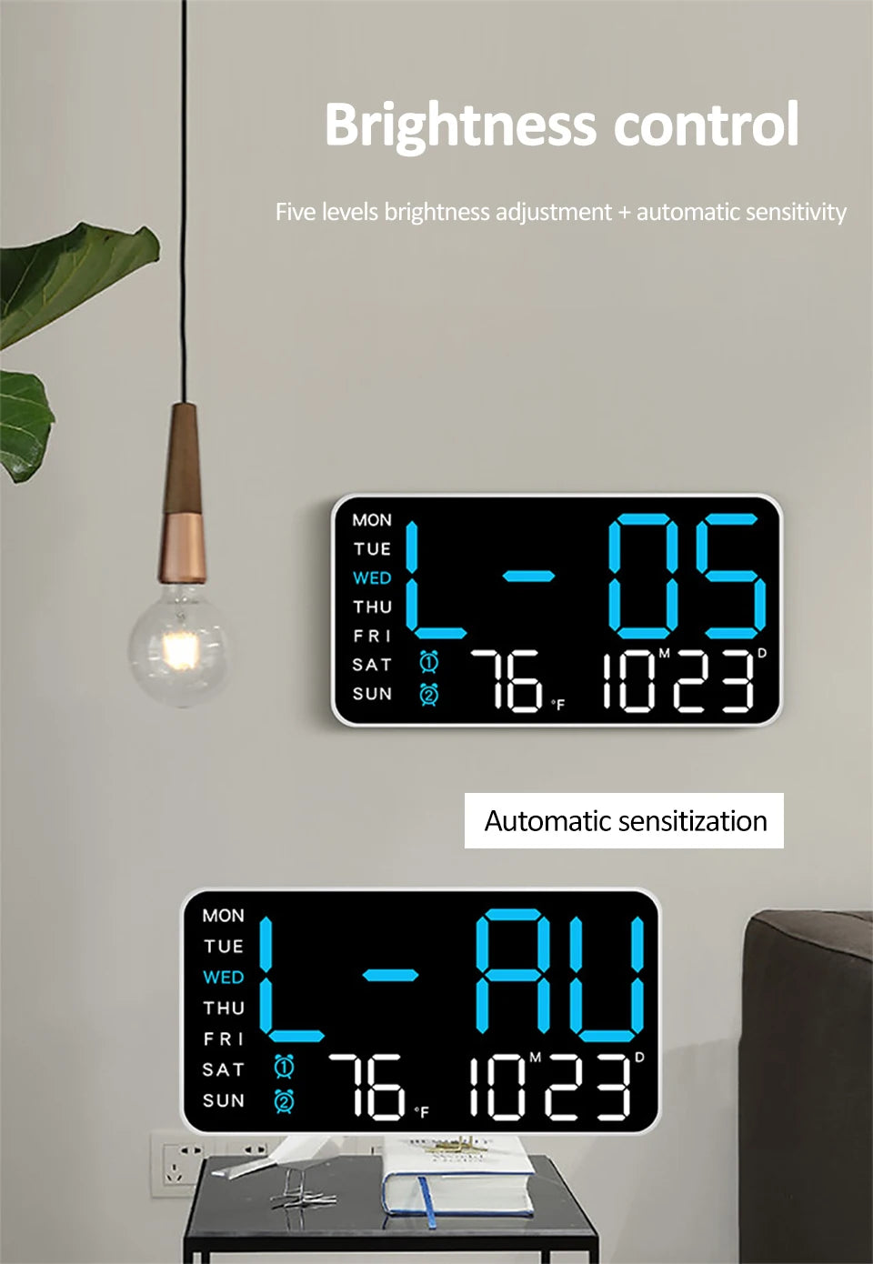 Voice-Activated Digital Wall Clock | Dual Alarms | Temperature Display | Customizable Colors | Bedroom Decor