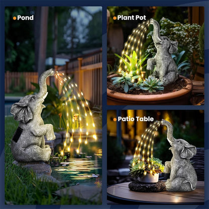 Solar Elephant Statue with String Lights | Outdoor Decor | Garden Sculpture | Lawn Ornament |