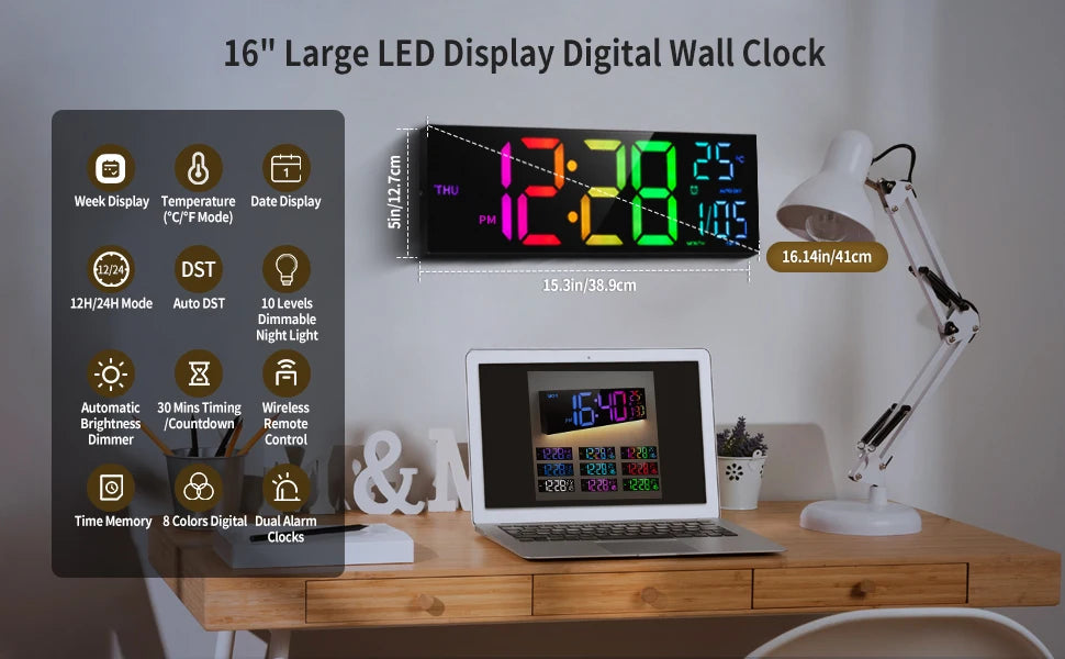 8 Colors Digital Wall Clock | Large LED Display | Temperature | Date | Auto DST | Night Light | Adjustable Brightness