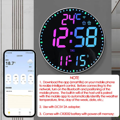 "RGB LED Digital Wall Clock – WiFi App Control, Temperature & Date Display, Smart Alarm Clock"