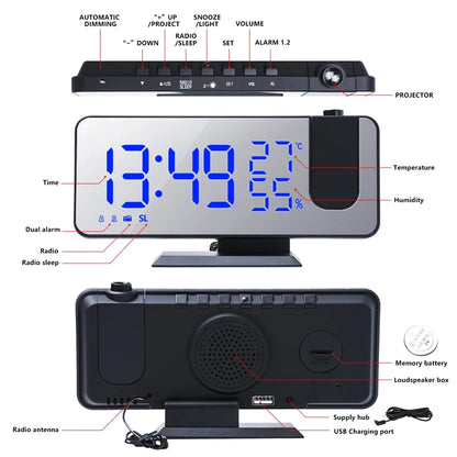 Digital Alarm Clock with Projection | LED Display | FM Radio | Temperature | Humidity | Adjustable Brightness