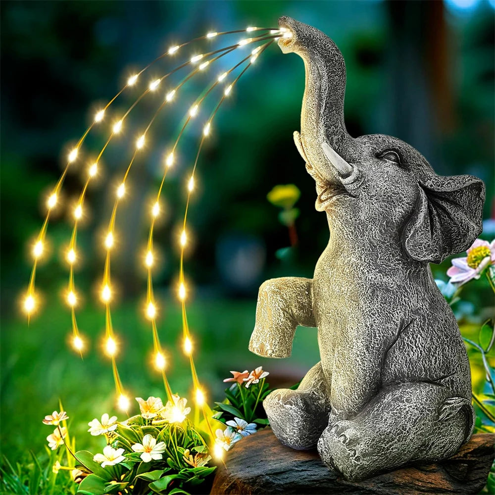 Solar Elephant Statue with String Lights | Outdoor Decor | Garden Sculpture | Lawn Ornament |