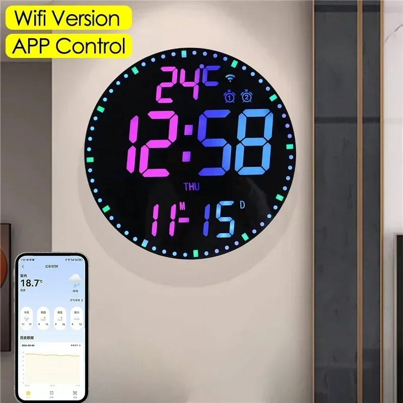 "RGB LED Digital Wall Clock – WiFi App Control, Temperature & Date Display, Smart Alarm Clock"