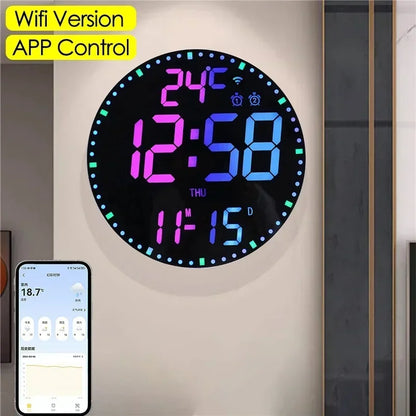 "RGB LED Digital Wall Clock – WiFi App Control, Temperature & Date Display, Smart Alarm Clock"