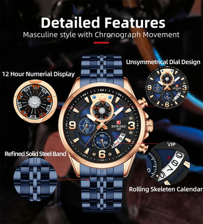 Luxury Men's Chronograph Watch | Stainless Steel | Waterproof | Luminous Display | Stylish Accessory