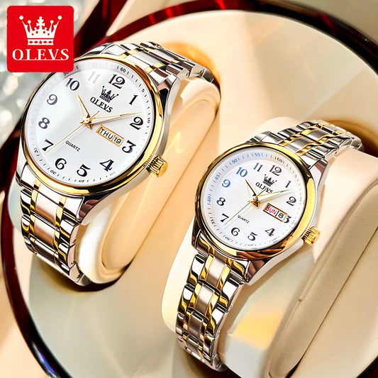 "OLEVS 5567 Dual Calendar Quartz Couple Watch – Stainless Steel Waterproof Luxury Watch"