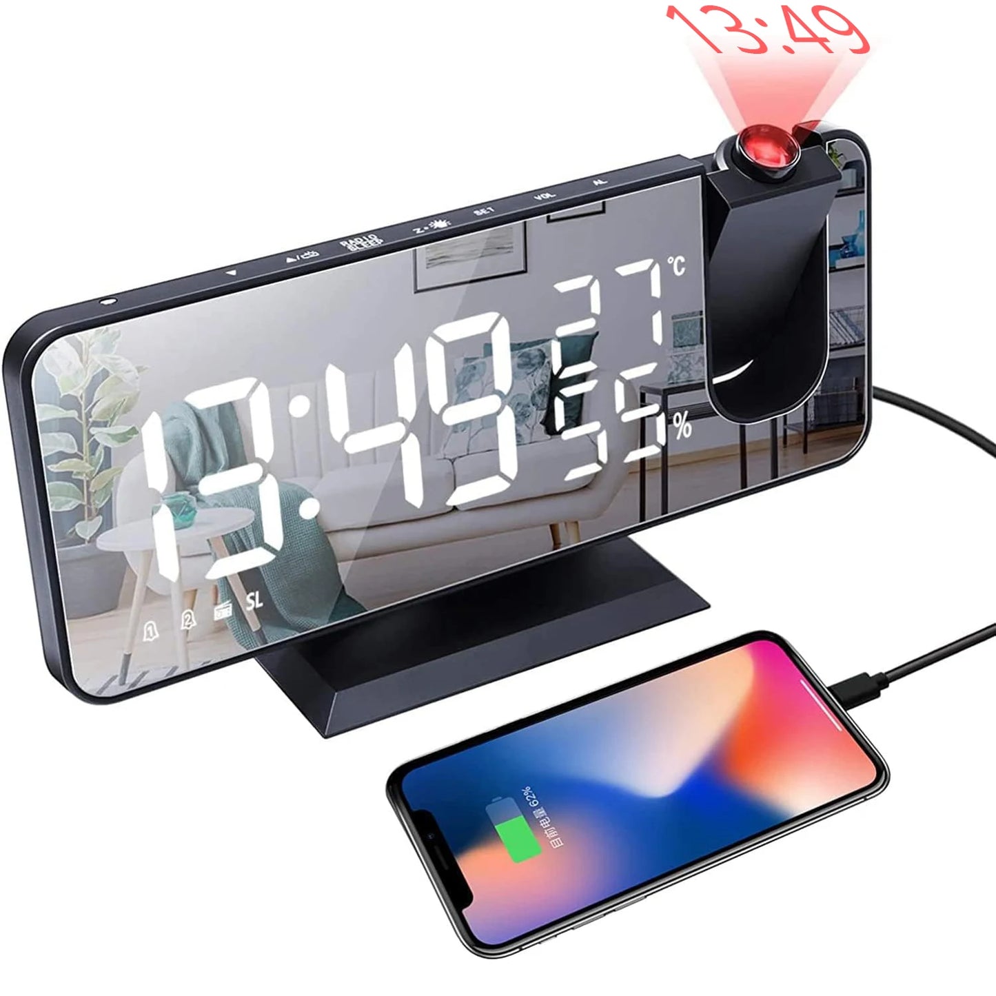 Digital Alarm Clock with Projection | LED Display | FM Radio | Temperature | Humidity | Adjustable Brightness