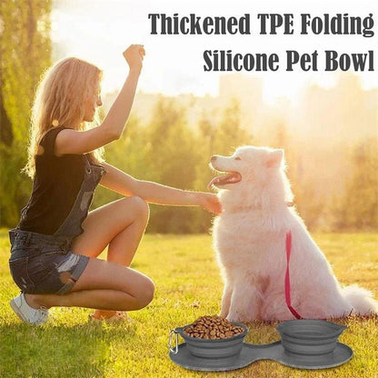 Pet Outdoor Folding Double Bowl â€“ Collapsible Silicone Food and Water Bowls with Non-Skid Mat - OptiChoice