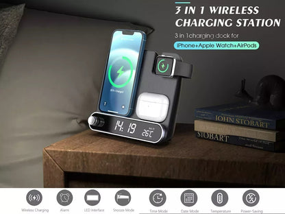 3-in-1 Alarm Clock with Wireless Charging - Charge Your Phone, Watch, and Earphones - OptiChoice