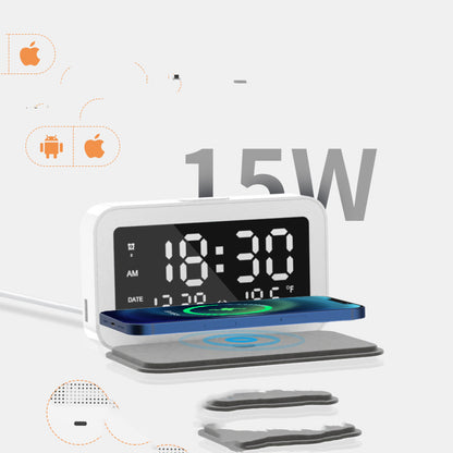 6-in-1 Wireless Charging Alarm Clock with Digital Thermometer, LED Night Light, and 15W Fast Charger